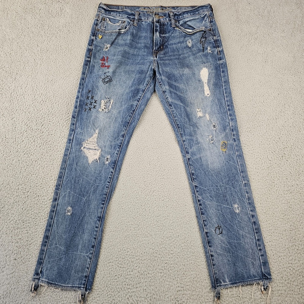 American Eagle Skinny Jeans 35x30 Blue Distressed Graphic Doodles Button Fly Y2K